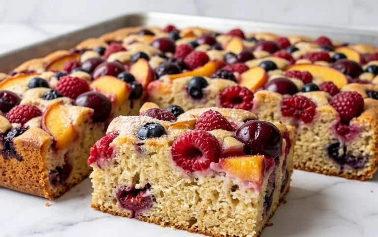 Saftiger Buttermilchkuchen mit Obst vom Blech