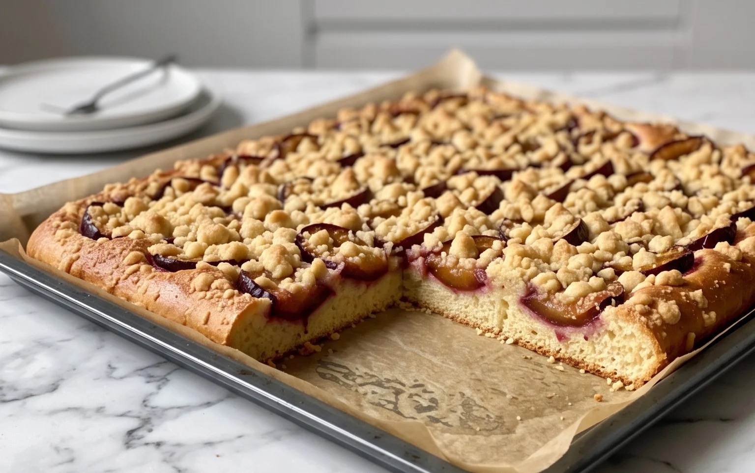 Streusel-Pflaumenkuchen vom Blech: Hefeteig-Genuss